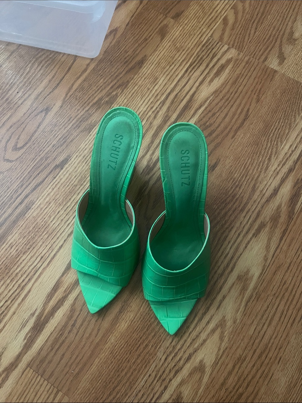 SCHUTZ Bright Green Croc-Embossed Pointed Toe Slide Heels